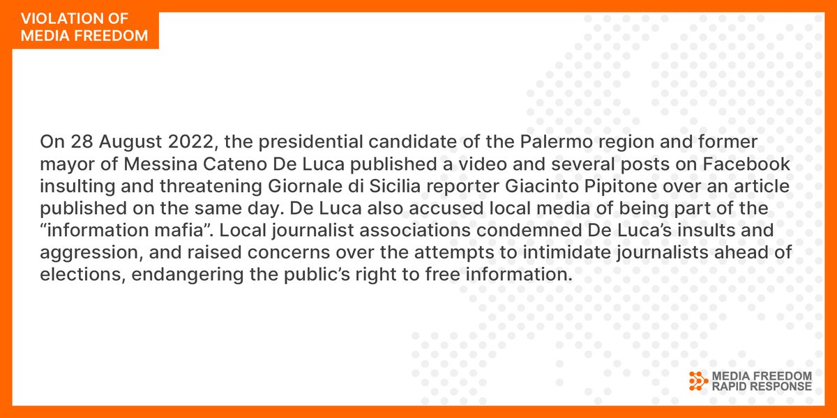 🇮🇹 On 28 August, the presidential candidate of the Palermo region and former mayor of #Messina <a href="/CatenoDeLuca/">Cateno De Luca</a> published a video and several posts on Facebook insulting and threatening <a href="/GDS_it/">Gds.it</a> reporter <a href="/Giapi27/">Giacinto pipitone</a> over an article published on the same day.
mapmf.org/alert/25152