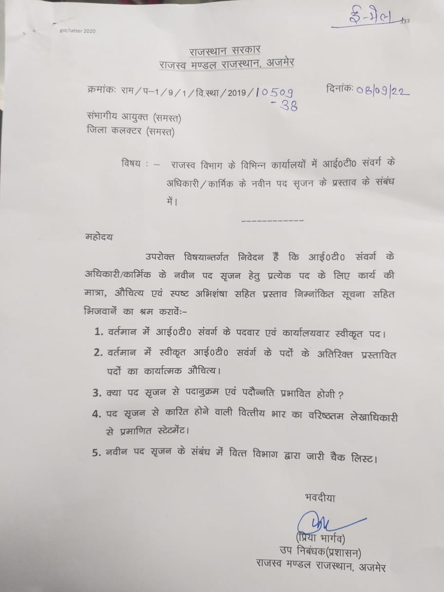 सभी जिलाध्यक्ष कृपया समस्त संभागीय आयुक्त एवं जिला कलेक्टर कार्यालयों में पद सृजन करवाने हेतु प्रस्ताव तैयार कर भिजवाए।