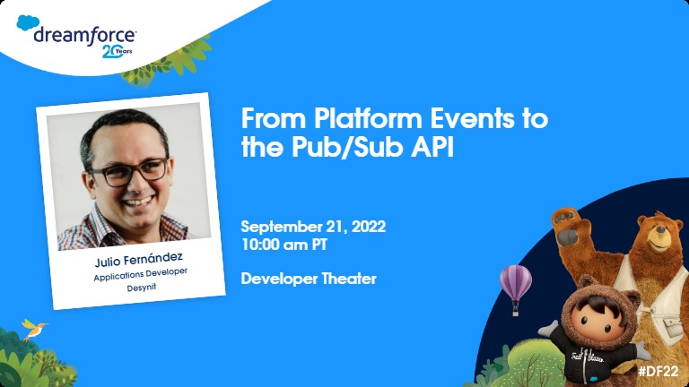 Hey! Are you going to Dreamforce 22 and want to know more about the new Salesforce Pub/Sub API? Join me and @Pmolina81 on the 21st of September at 10:00 AM at the Developer Theater #salesforce #DF22 #trailblazer #SalesforceDevs