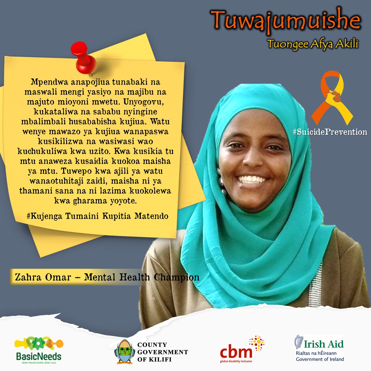 When someone we know dies by suicide, it leaves people with unanswered questions.

People with suicidal thoughts should be listened to &amp; their concerns  taken seriously. Just by hearing someone out can help saves lives

#Tuwajumuishe #CreatingHopeThroughAction #SuicidePrevention