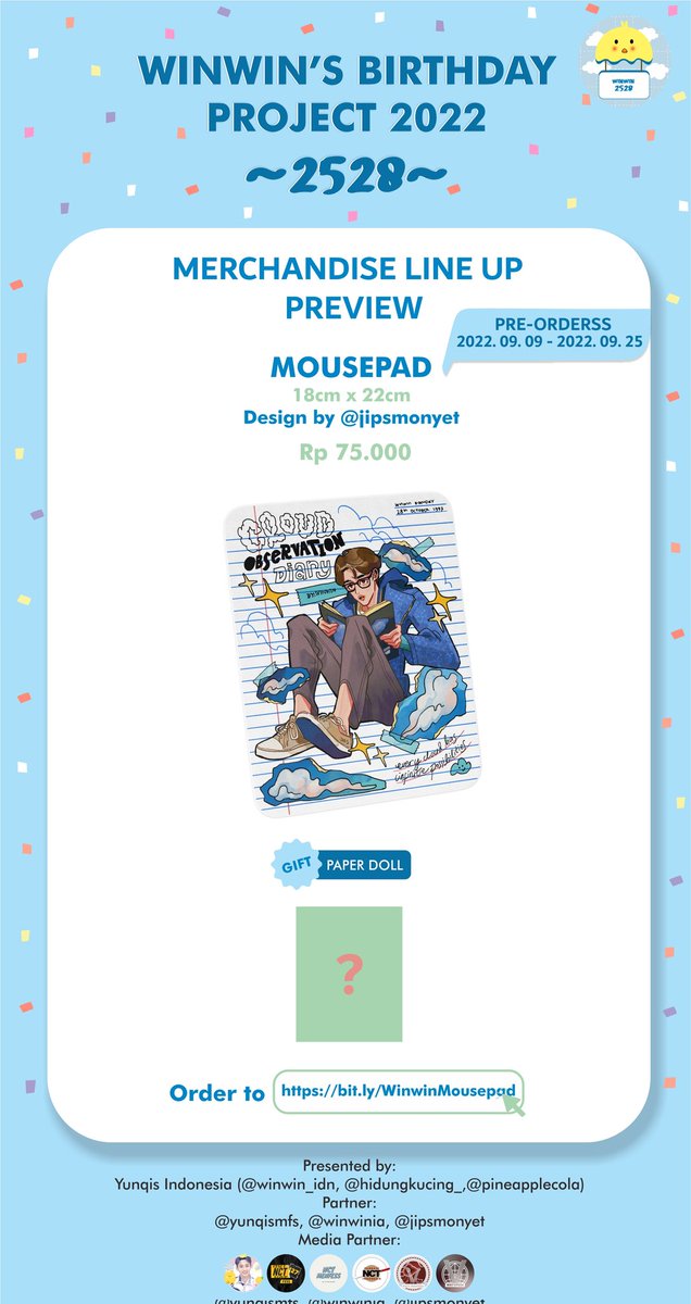 Winwin_IDN's tweet photo. 🎈🐣 [MD] Winwin Mousepad ~2528~🎈🐣

Untuk menyukseskan project ulang tahun #Winwin kami menjual berbagai merchandise. Salah satunya adalah mousepad. 

⏩ Harga :

🛏️  75.000
Gift Paper Doll

⏩ Design by @jipsmonyet

⏩ Link pemesanan : 
https://t.co/TSj9fq1uty

Detail 🔽 https://t.co/uhriJ1aQVf