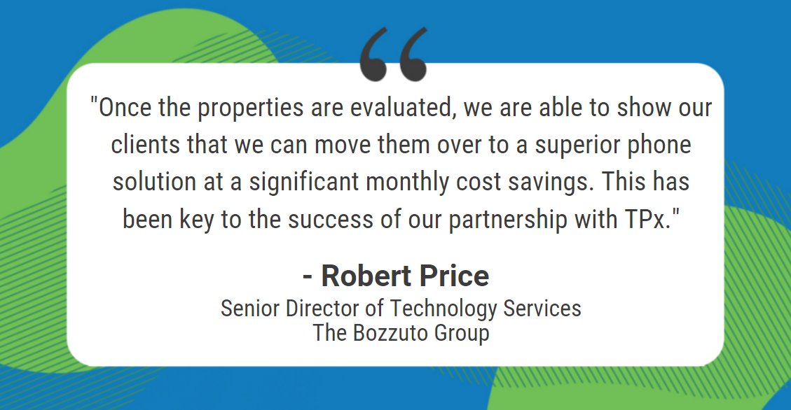 While <a href="/Bozzuto/">Bozzuto</a> uses #SDWAN for its corporate office, it needed a straightforward VoIP solution for its nationwide properties.

Learn how TPx was able to help and how a true partnership developed: bit.ly/3Tjb62U