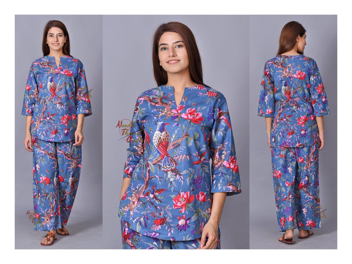 india_ntc's tweet photo. New Arrival to my #etsy shop
https://t.co/Vh3dlerIwu

Indian soft Cotton Pajama Set, Long Pants With Pocket, available in 5 sizes.
S, M, L, XL, XXL.
Blue color base with Bird Nature print all over dress.

#birdprint
#HandPrint
#Handmade
#Cottonpjset
#pjset
#nightsuit https://t.co/oYLnl4osqU