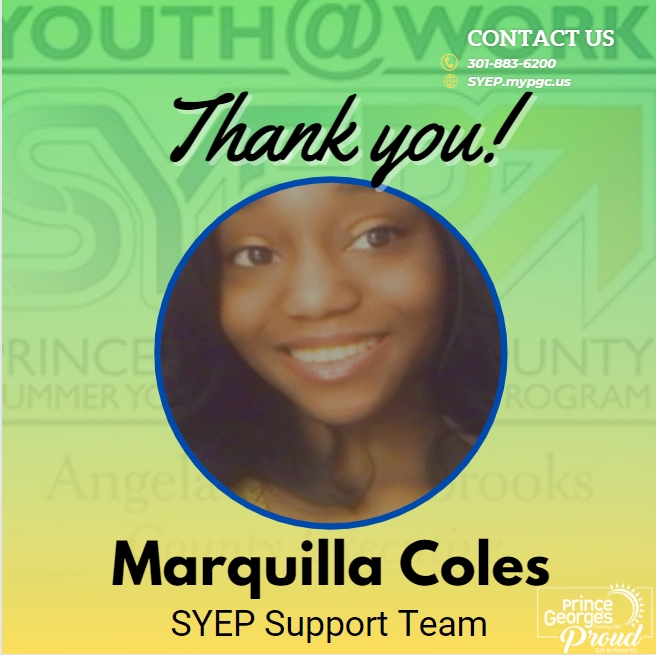 PGCSYEP's tweet photo. #PGCSYEP - Meet Youth@Work Talent Pipeline Participant Marquilla Coles!  Prince George's County young adults are making a mark on the County!  We are #PrinceGeorgesProud #SYEPintern #ThankYou https://t.co/OMAGtr5LuC