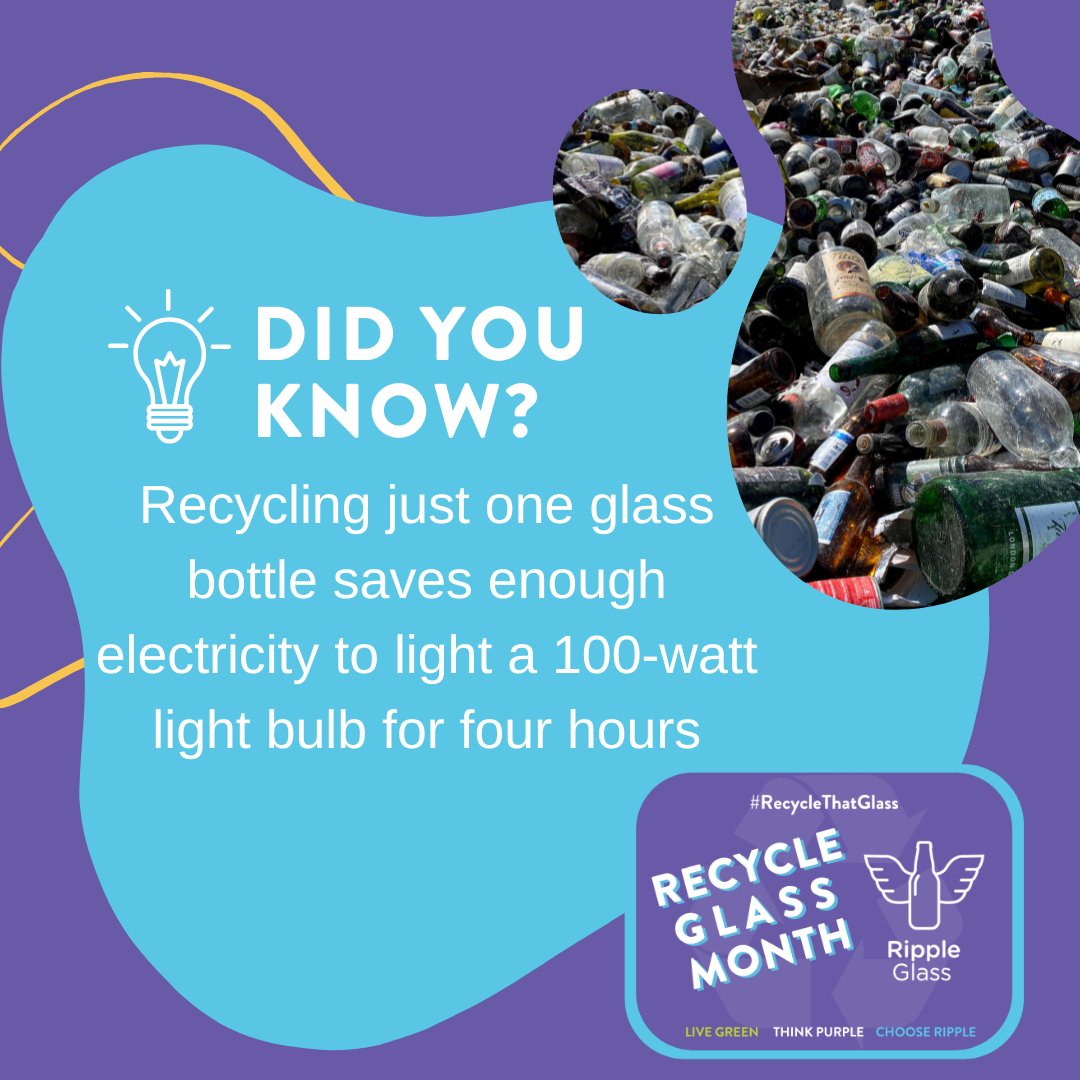 rippleglass's tweet photo. 💡 Did you know? Recycling just ONE glass bottle saves enough electricity to power a 100-watt light bulb for FOUR hours. ♻ #RecycleThatGlass ⁠
⁠
More fun facts here: https://t.co/ZUlyYyeXyP https://t.co/HcNh9E6d9D
