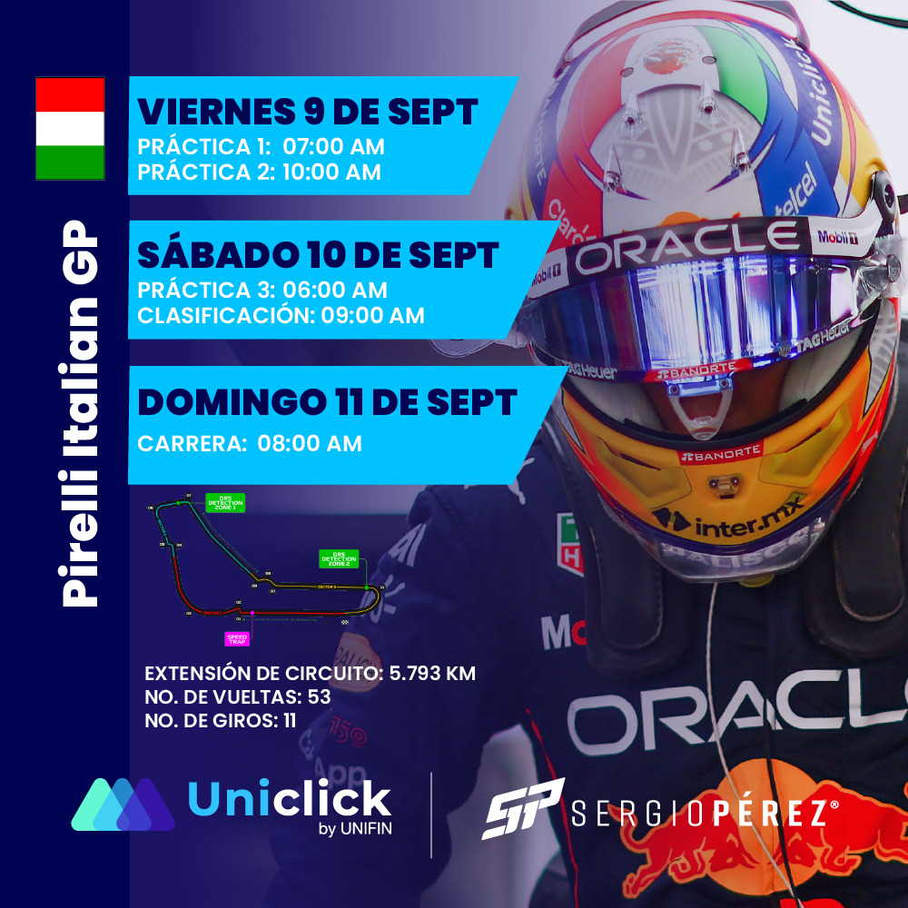 uniclickmx's tweet photo. Está por iniciar el #GPItalian🇮🇹
P1: Vie.Sep. 9 | 07:00 AM
P2: Vie. Sep. 9 | 10:00 AM
P3: Sáb.Sep. 10 | 06:00 AM
Clasificación: Sáb. Sep. 10 | 09:00 AM
Carrera: Dom. Sep. 11 | 08:00 AM
#F1 #F12022 #Formula1 #SergioPerez #ChecoPerez @SChecoPerez https://t.co/QHNJIRHPlj