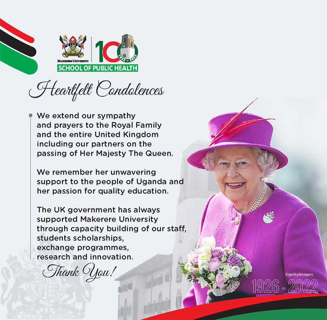 On behalf of <a href="/Makerere/">Makerere University</a>, <a href="/MakSPH/">Makerere University School of Public Health</a> partners, <a href="/NTU_MAK/">NTU-MAK Partnership</a> extends sincere condolences to the UK government and collaborators <a href="/BucksHealthcare/">Buckinghamshire Healthcare NHS Trust</a> <a href="/TrentUni/">Nottingham Trent University</a> <a href="/FlemingFund/">The Fleming Fund</a> <a href="/CW_Pharmacists/">Commonwealth Pharmacists Association</a> <a href="/UKaid/">UK aid</a> <a href="/DHSCgovuk/">Department of Health and Social Care</a> &amp; <a href="/THETlinks/">Global Health Partnerships (formerly THET)</a>. #QueenElizabethII is gone but her legacy will live on.