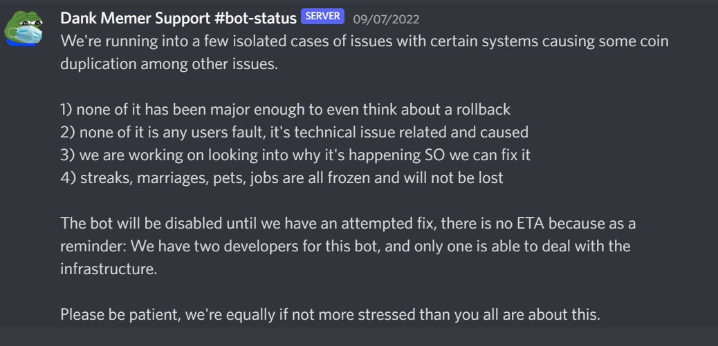 Dank Memer (Discord Bot) on X: Lots of pretty cool bot updates to help  pass the time due to COVID-19 quarantines. Enjoy and stay healthy <3   / X