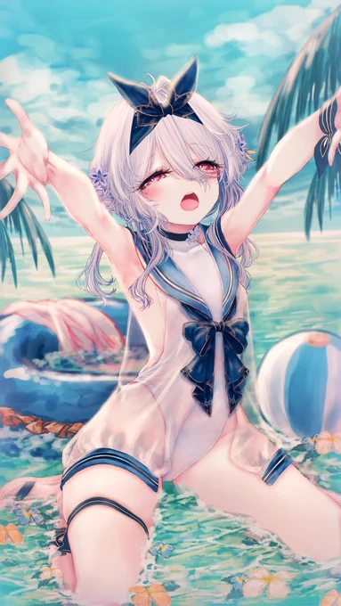 『ロリ先輩がハグされたい』来週に完成させたいですが...水の色塗りがとても大変そうと思う。゜(゜'Д`゜)゜。高解像度  