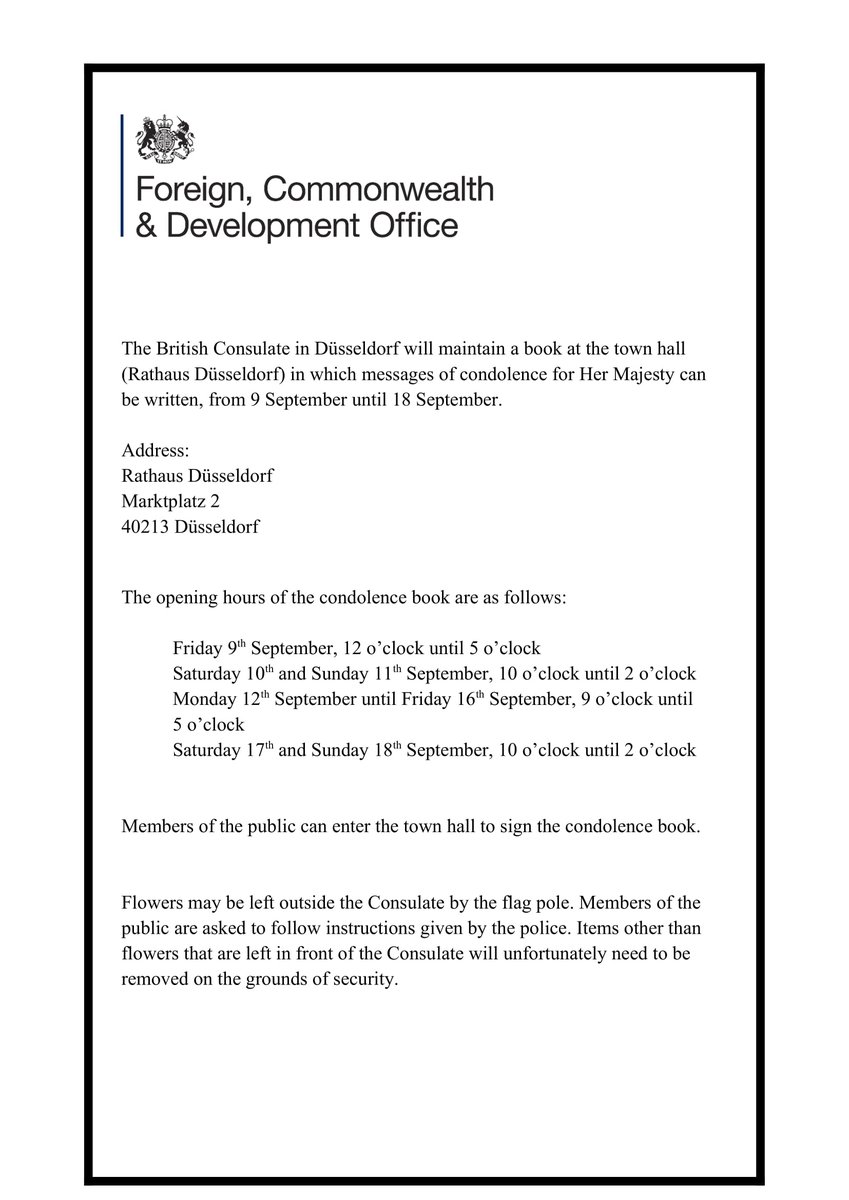 RafeCourageFCDO's tweet photo. Informationen zu Beileidsbekundungen und zum Kondolenzbuch zum Tod Ihrer Majestät Königin Elizabeth II. des Britischen Generalkonsulats in Düsseldorf.

Auf der Webseite der Königlichen Familie ist ein Online-Kondolenzbuch eingerichtet.

https://t.co/xn1WNntBCf https://t.co/mbEOKjY4XN