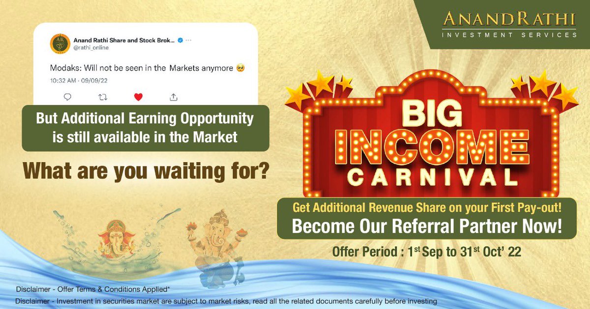 rathi_online's tweet photo. Don't Miss This Golden Opportunity!

Become our referral partner and build a second source of income with us. Terms &amp; Conditions Applied
Click here for more details - https://t.co/BYCrstPfiB. 
#AnandRathi #Stockbroker #BecomeOurPartner #business #investment #GanpatiBappaMorya https://t.co/mdgPxIrOAZ