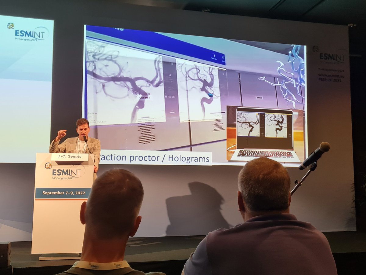NN_publishing's tweet photo. Another #Neurointervention start-up is presented, this time by Jean-Christophe Gentric, who discusses @intradys' Lumys technology - a #MixedReality platform for live communication that may also integrate #Robotics and #AI in the future #ESMINT2022 @esmintsociety https://t.co/ImNEczNeH9
