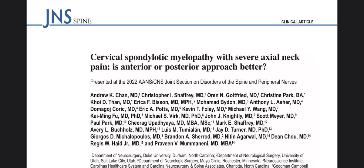 andrewchanMD's tweet photo. ⚠️ Despite “classical” descriptions of cervical myelopathy, >40% of pts have severe neck pain 🤕 (VAS>6)

For these pts w/ multilevel pathology, which is better:ACDF or lami+fusion?

Surprisingly, we found postop neck pain was the same!

🔬: QOD
@spinesection
@NREFORG
@AANSNeuro https://t.co/nQWI3BsIM4