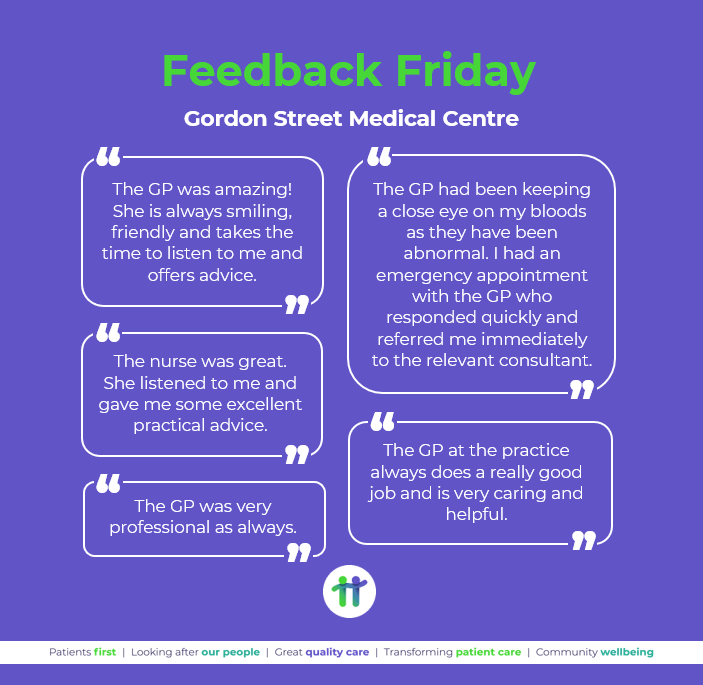gtdhealthcare's tweet photo. Gordon Street Medical Centre has received excellent feedback from patients.
#FeedbackFriday
#PutPatientsFirst 
#GiveGreatQualityCare #LeadTheWayInTransformingPatientCare #ContributeToTheWellbeingOfLocalCommunities https://t.co/nLg8p54Q4P
