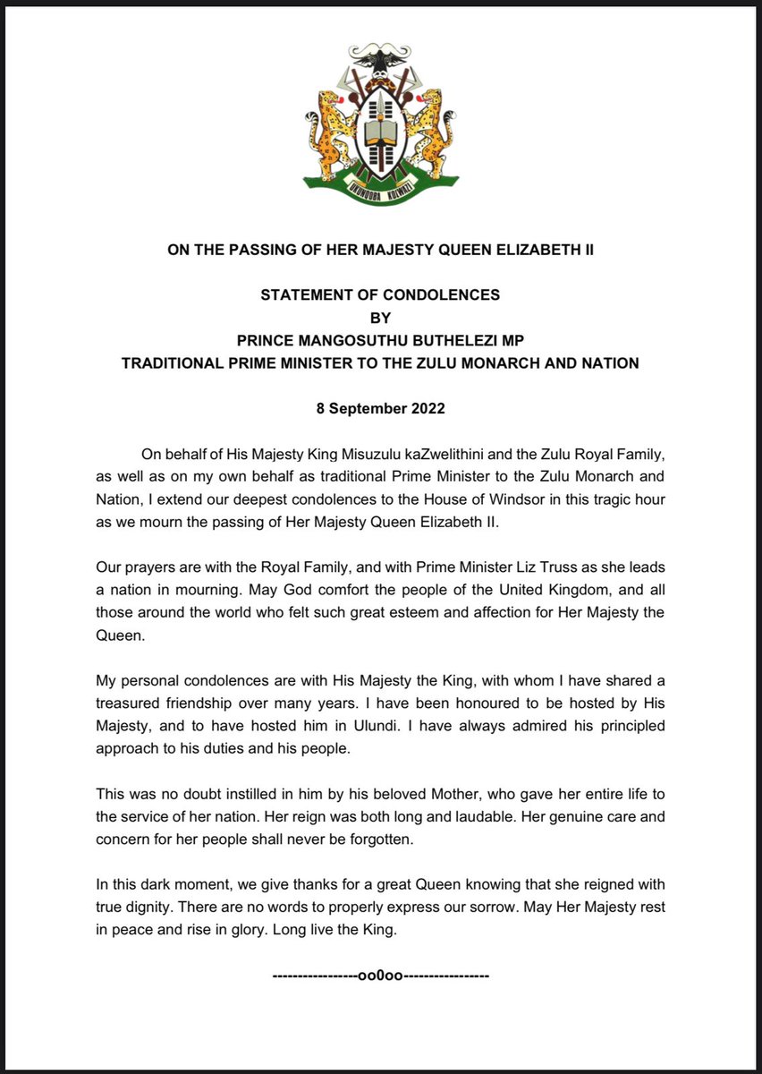 As the sunsets in KwaZulu Natal, an era has ended. Queen Elizabeth has died, an awe inspiring and respected Lady who has been a constant figure in most of our life times. The statement of condolence from the Zulu Royal Household speaks volumes to the Queens legacy.