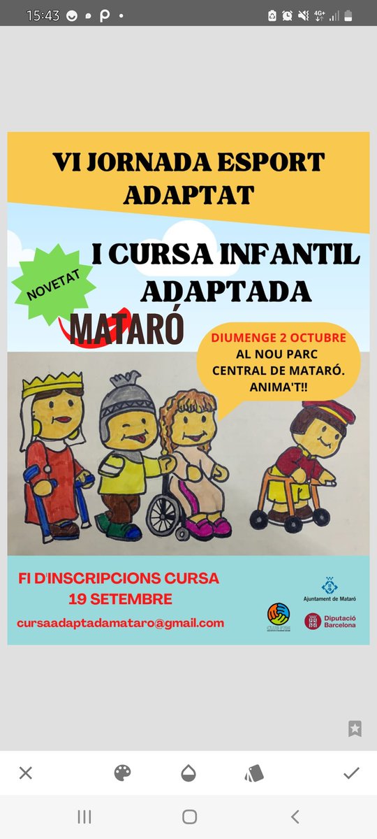 Ei!! Diumenge 2 Octubre,a les 9.30h a Mataró tenim la 1cursa adaptada nens amb movilitat reduïda, ANiMeuv-os!!
Tot un matí de jornada desports adaptats!!!
Interessats>
Cursaadaptadamataro@gmail.com 
<a href="/NenSobreRodes/">sobre rodes</a> <a href="/ratolinaemma/">Noemí Font</a> <a href="/matarocat/">Ajuntament de Mataró</a> <a href="/IGuttmann/">INSTITUT GUTTMANN</a>