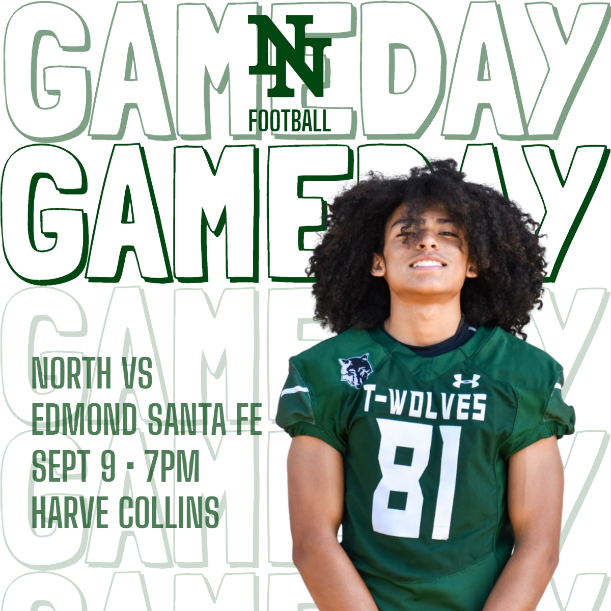 Game Day! The T-Wolves host the Wolves of Edmond Santa Fe!! 🐺 🏈 #AmatVictoriaCuram | #GoNorth 📅 Fri, Sept 9 🕖 7:00 p.m. 📍 Harve Collins Stadium 📻 1400 AM or 99.3 FM 📺 NormanSports.tv 🎽 Theme: Jerseys