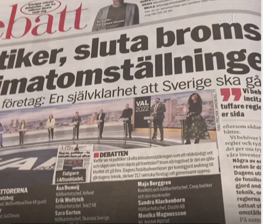 Trycket från näringsliv, forskare och samhälle ökar.
Nu måste politiken visa handlingskraft och sluta bromsa klimatomställningen. 
Bra att både <a href="/TV4/">TV4</a>'s partiledardebatt och <a href="/svtnyheter/">SVT Nyheter</a> uppmärksammar att över 200 svenska företag nu kräver politisk handling.
svt.se/nyheter/inrike…