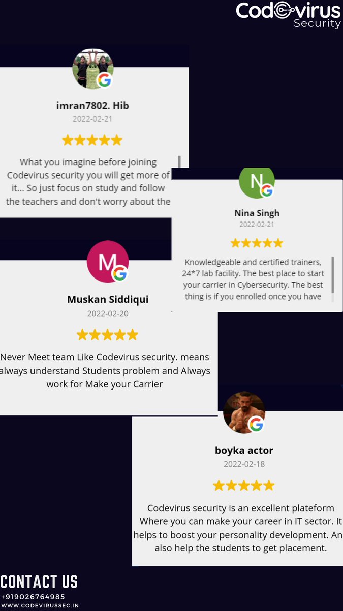 codevirussec's tweet photo. We are happy and proud to show you what our students say about us. These are the students who have successfully completed our training courses and now enjoying the new world.
#codevirussecurity #codevirussec #cyberworld #cybersecurity #certifiedethicalhacking #cyberworld #AWS https://t.co/7pHlKGx8rz