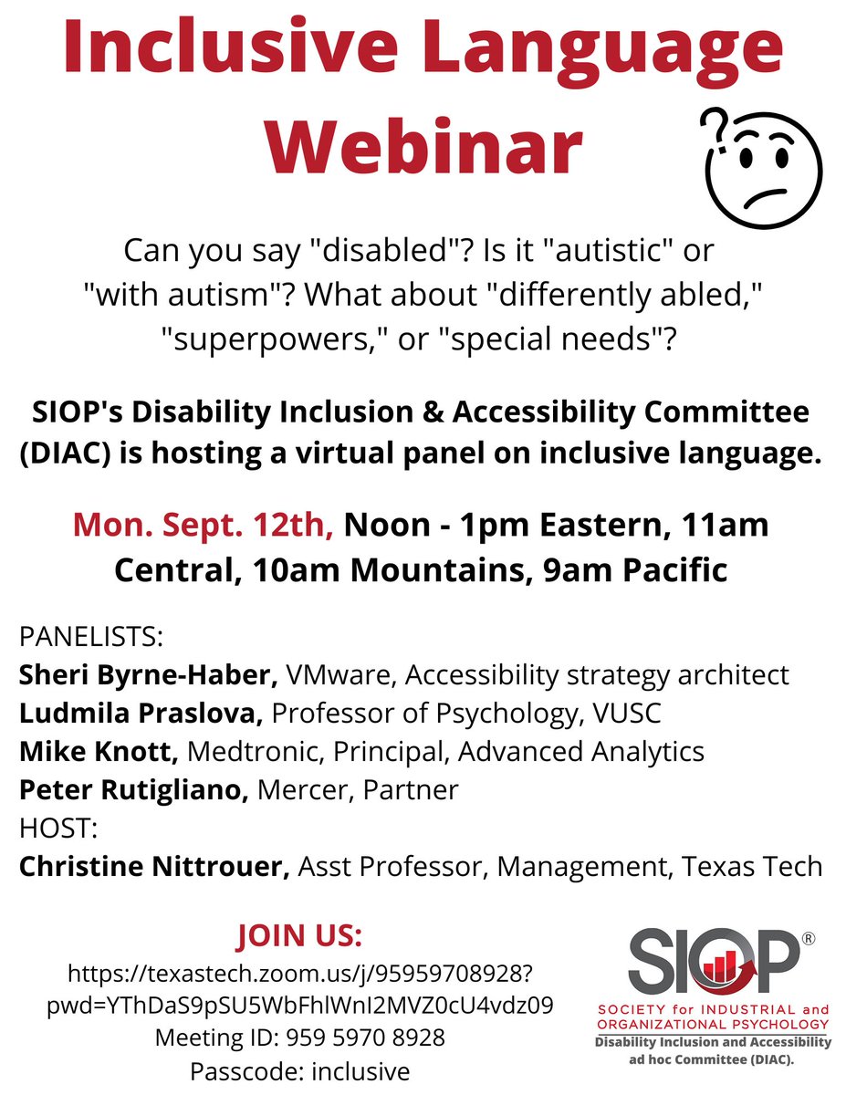 Language can be confusing. 
Join us for an expert discussion from both professional and lived experience perspectives. 
Mon. Sept. 12th, 11am-12pm CST
Meeting URL:
lnkd.in/g8X3Kf-v
Meeting ID:
959 5970 8928
Passcode:
inclusive
