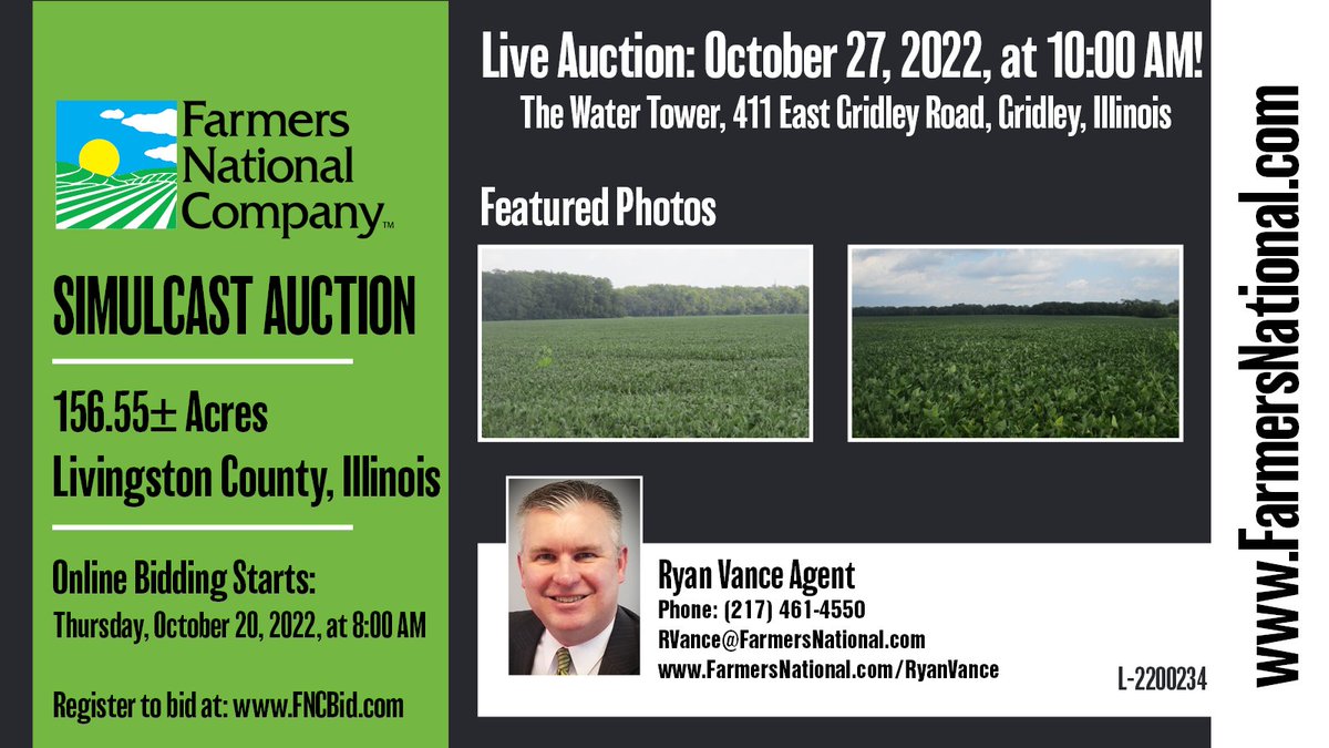 FarmersNational's tweet photo. Simulcast #Auction!
Productive Livingston County farmland near Chenoa, Illinois with an average PI of 138. This property has 128.93 #tillable acres and 27.6 +/- acres of grass and woods that border the east end of the #farm.
🔗https://t.co/8S5nPfKskJ
#forsale #land #realestate https://t.co/6CHxSp4ACf
