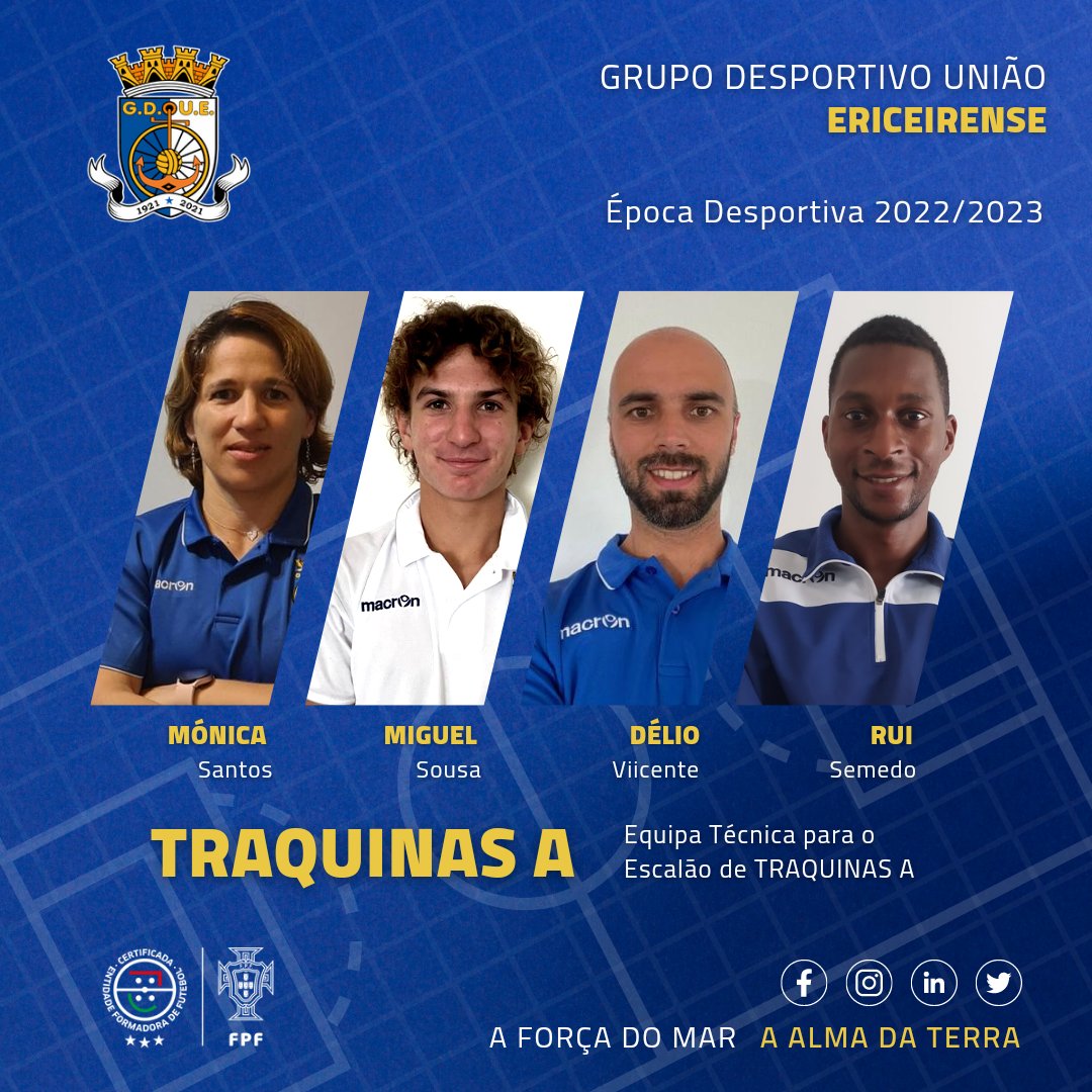 Equipa Técnica de TRAQUINAS A para a época desportiva 2022/2023.

Hoje damos a conhecer a equipa técnica que vai trabalhar o escalão de futebol de TRAQUINAS A do Grupo Desportivo União Ericeirense! 

Mónica Santos / Miguel Sousa / Délio Vicente / Rui Semedo