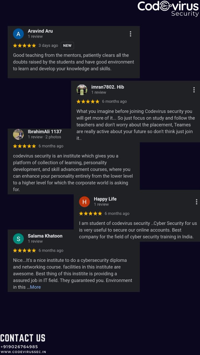 codevirussec's tweet photo. We are happy and proud to show you what our students say about us. These are the students who have successfully completed our training courses and now enjoying the new world.
#codevirussecurity #codevirussec #cyberworld #cybersecurity #certifiedethicalhacking #cyberworld #AWS https://t.co/7pHlKGx8rz