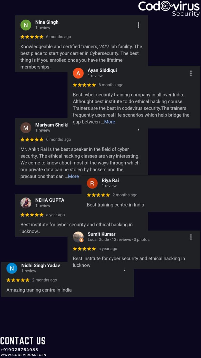 codevirussec's tweet photo. We are happy and proud to show you what our students say about us. These are the students who have successfully completed our training courses and now enjoying the new world.
#codevirussecurity #codevirussec #cyberworld #cybersecurity #certifiedethicalhacking #cyberworld #AWS https://t.co/7pHlKGx8rz