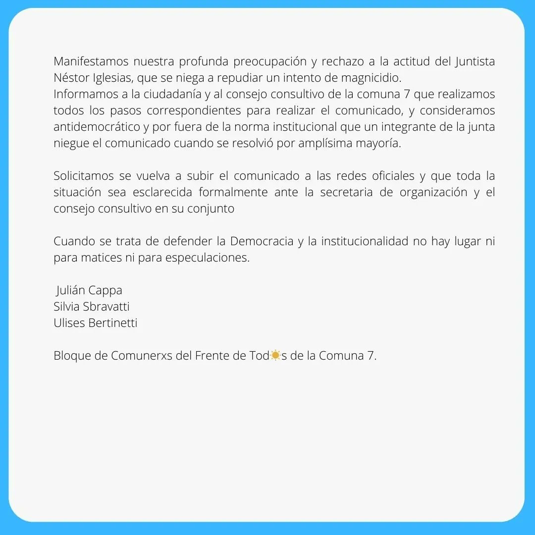 ubertinetti's tweet photo. COMUNICADO del Bloque de Comunerxs del Frente de Todxs de la Comuna 7

Junto a @JuliCappa7 y @SilviaSbravatti realizamos este comunicado por una falta ética grave surgida al interior de la Junta comunal, a raíz del intento de magnicidio que sufrió hace unos días la vicepresidenta https://t.co/1mq0pszQzE