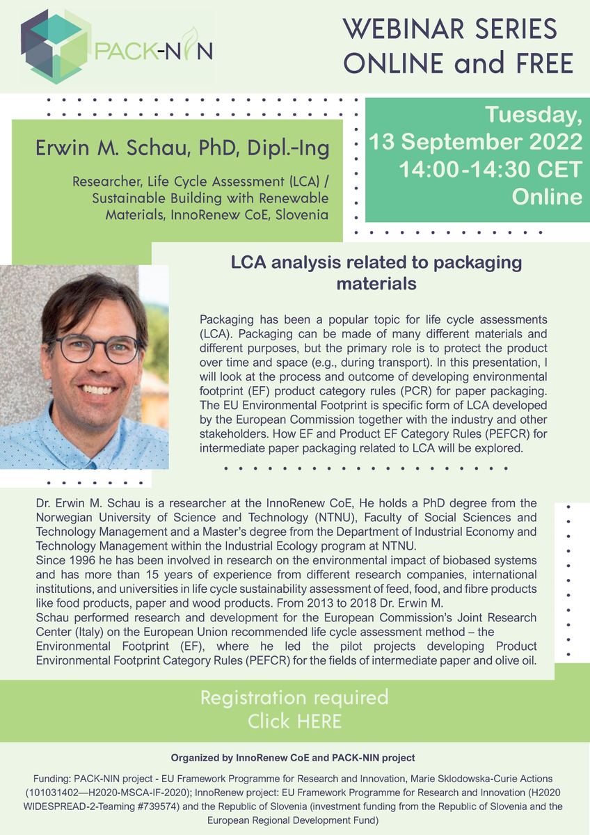 InnoRenewCoE's tweet photo. 📆 Save the date —PACK-NIN webinar series

❇️Erwin M. Schau, #InnoRenew CoE 
LCA analysis related to packaging materials

📆Tuesday, 13 September 2022 14:00-14:30 CET | Online

Register for this free webinar.
➡️ https://t.co/bmhCuiJTzm
#PackNin #Biobased #LCA #lifecycleassessment https://t.co/M9vzjek8YZ