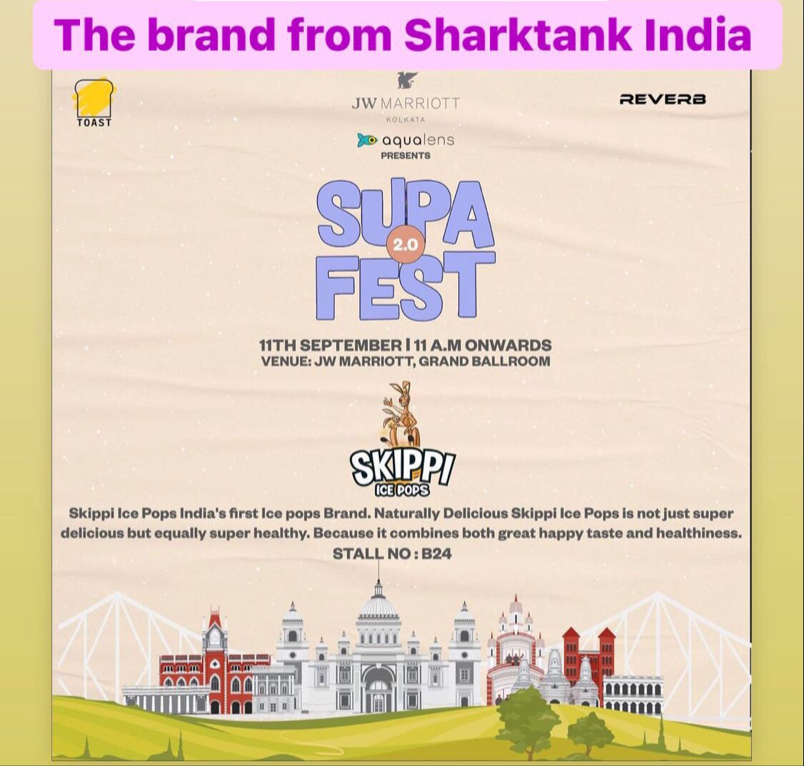 pledgev4l's tweet photo. Skippi Ice Pops - The Brand from Sharktank India is participating in Supa Fest 2.0 at JW Marriott, Kolkata under the banner of Pledge Vocal for Local
#skippiicepops #supafest #jwmarriott #kolkata #pledgevocalforlocal #startup #reverb #toast #acqalens #sharktank #sharktankindia https://t.co/xH79rJwQBP