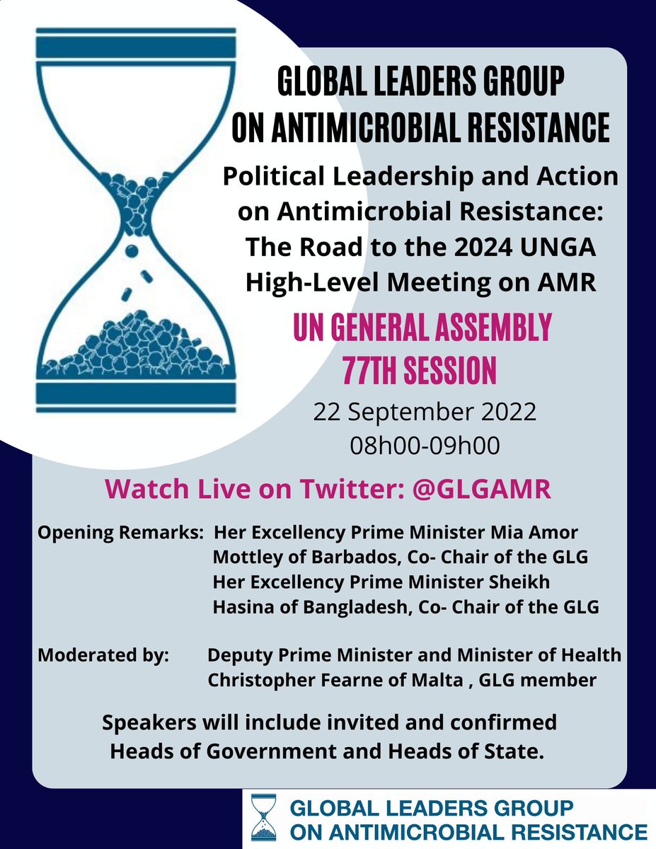 Global Leaders Group on AMR (@glgamr) on Twitter photo #AntimicrobialResistance poses serious threats to our future and requires urgent political action. The GLG is hosting a Heads of Governments side event on #AMR at #UNGA, 22 September.
You can watch the event live here, on the <a href="/GLGAMR/">Global Leaders Group on AMR</a> Twitter page. #AntimicrobialResistance poses serious threats to our future and requires urgent political action. The GLG is hosting a Heads of Governments side event on #AMR at #UNGA, 22 September.
You can watch the event live here, on the <a href="/GLGAMR/">Global Leaders Group on AMR</a> Twitter page.
