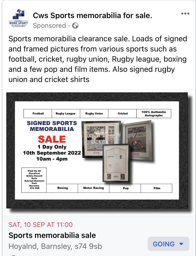 Cws_workwear's tweet photo. Well worth a visit. Hand signed memorabilia from just £10. List of items for sale on the day available via email if required. #barnsleyisbrill #cricket #rugby #boxing #southyorkshire https://t.co/WM16mnt4B3