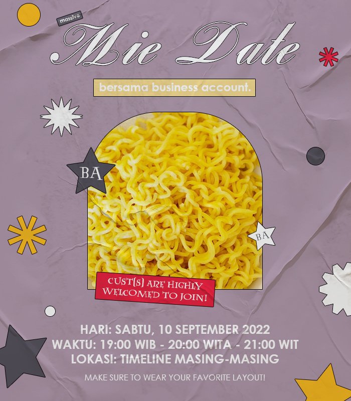 FairyAidKit's tweet image. 💌 : undangan kepada seluruh akun bisnis akun jajan dan semua orang

dalam rangka pengen rame aja mari kita semua mam mie bersama :3 sebarkan berita ini boleh rt boleh repost pokoknya ajak semua mutual kalian kita kencan rame-rame besok 😋😋 semua boleh ikutann tanpa kecuali 😾💗