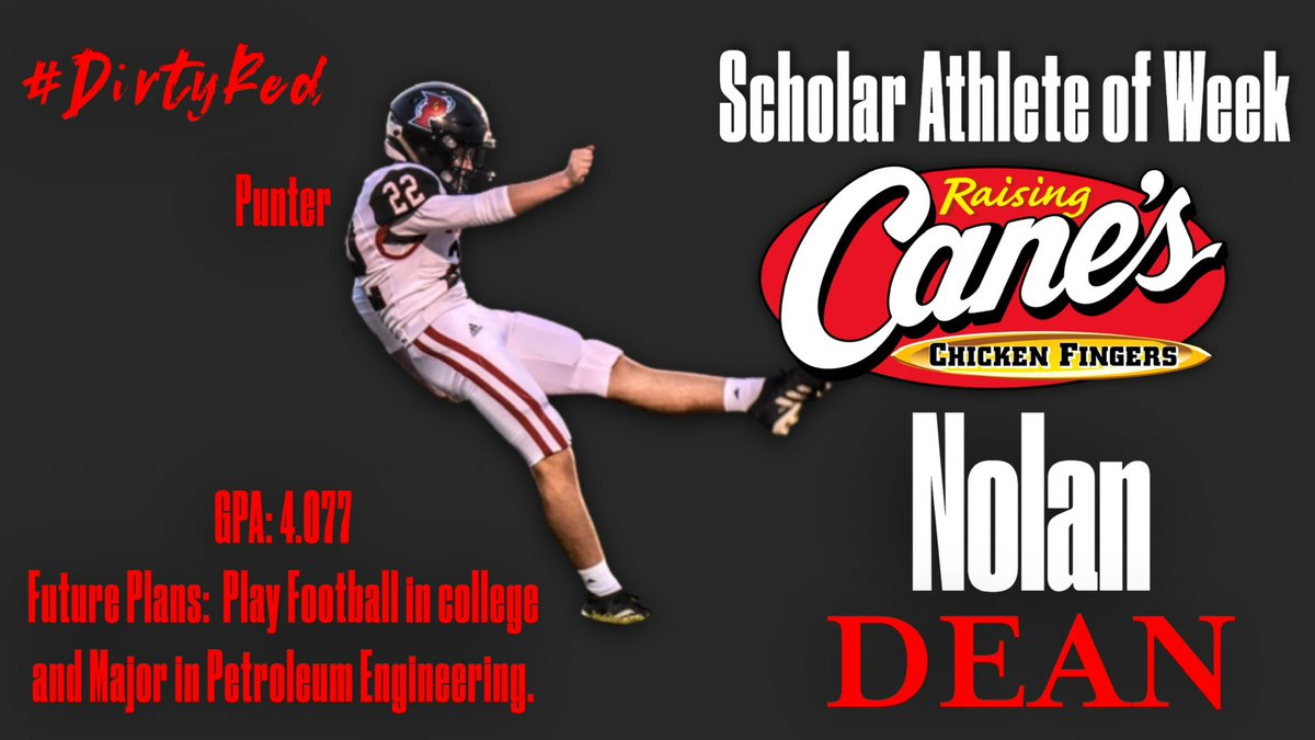 ParkwayFootball's tweet photo. Raising Cane’s Scholar Athlete of the Week

Senior Punter Nolan Dean

#dirtyred https://t.co/VdEy9HJ5Im