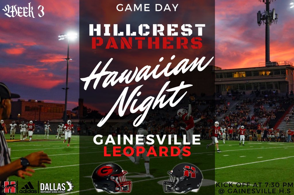 RT @Hillcrest_FB: Game Day! 
See you tonight at Gainesville
Kick off at 7:30 PM

#CrestSide #DarkSide #RecruitTheCrest
@dallasathletics @PanthersHHS @hs_hillcrest @BFMSFalcons @DfwSho @SportsDayHS @ihss_dfw @dctf