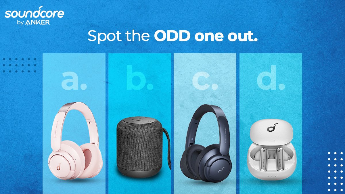 #FridayFun :) 
Let's see if you can SPOT The ODD one out. Plug your response in the comment section below!

#SoundcoreIndia #Games #Audioproducts #Audio #Acessories #music #Soundcore #Audioproducts #wiredproducts #wirelessproducts #premiumlooks