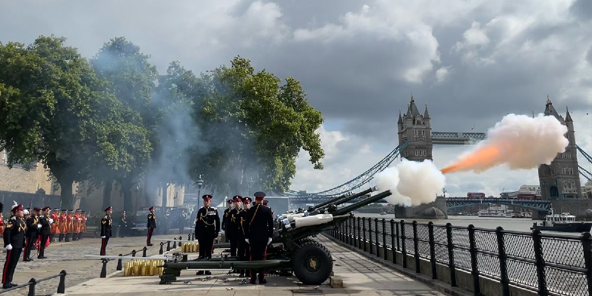 To mark the death of Her Majesty Queen Elizabeth II, at 1pm BST today a 96-round gun salute began firing from the Tower of London. One round fired for each year of The Queen's life.