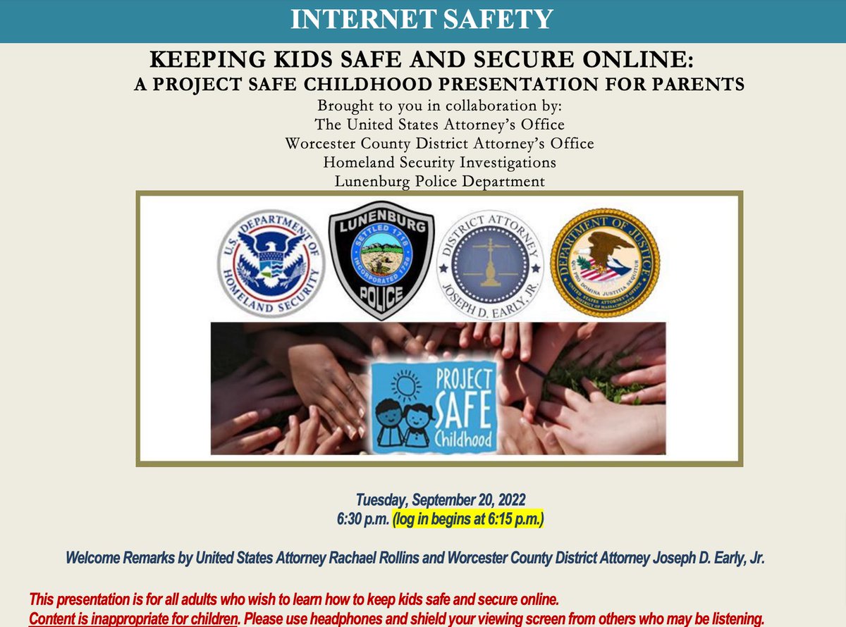 Millis_Tech's tweet photo. Keeping Children Safe and Secure Online: A Project Safe Childhood Presentation for Parents. This presentation will bring awareness to the crimes being committed by predators on the other side of the screen and give adults the tools to help keep children safe and secure online. https://t.co/tLMR1dD9HA