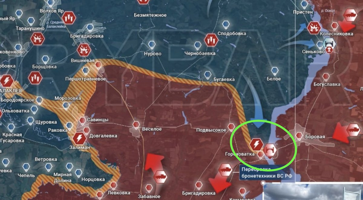 loogunda's tweet photo. Note: the 3rd map shows battle for the bridge near Borova-Horokhovatka - if it's true, then the Izyum-based Russian troops have only a couple more bridge further south connecting them to the rest of the occupied territory. https://t.co/ohlURsaKIP