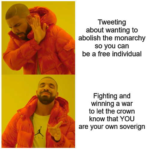 AnonsocialM's tweet photo. I got news for you #AbolishTheMonarchy folks trending. Tweeting isn't going to do it. You know those disgusting Americans terrifying rights to keep and bare arms that you abhor? yeah... enjoy being subjects. #FREEdomWasNeverFREE https://t.co/A0pVCHUKUG