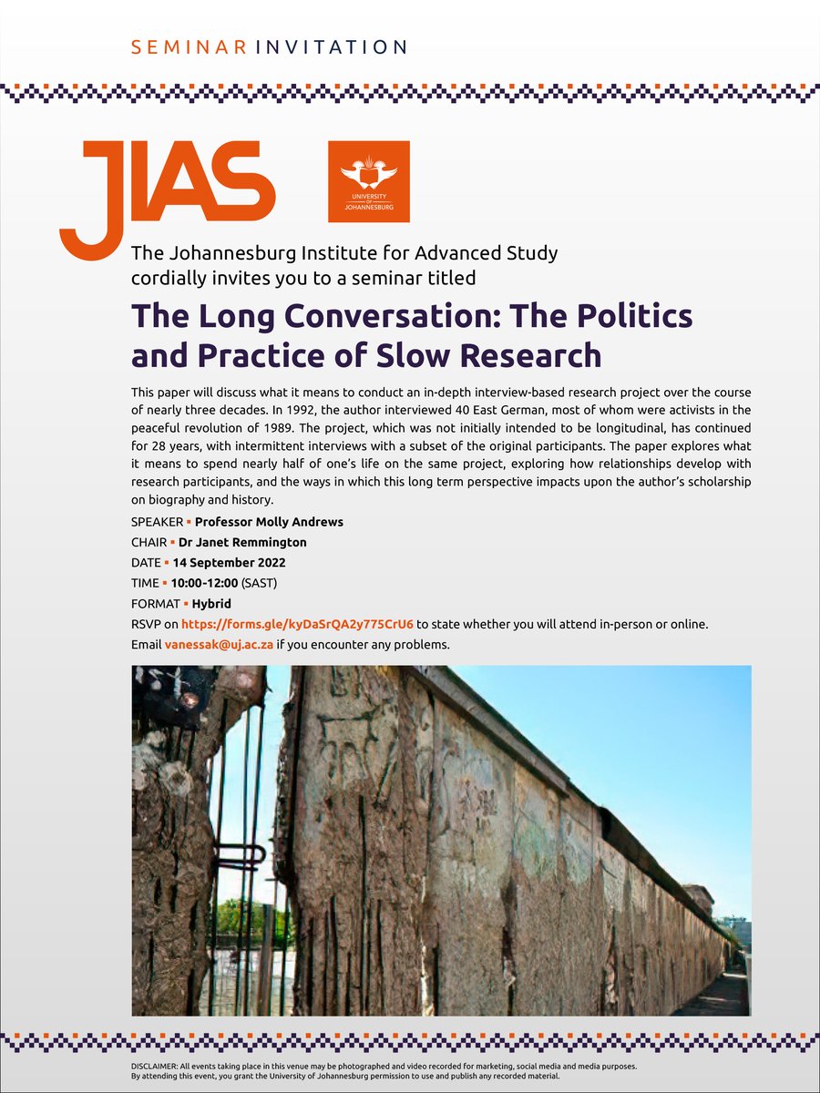 JIAS_UJ's tweet image. #JIAS Seminar Invitation:
The Long Conversation: The Politics and Practice of Slow Research

Date: 14 September 2022
Time: 10:00-12:00 (SAST)
Speaker: Professor Molly Andrews

Format: Hybrid
RSVP on forms.gle/kyDaSrQA2y775C… to state whether you will attend in-person or online.