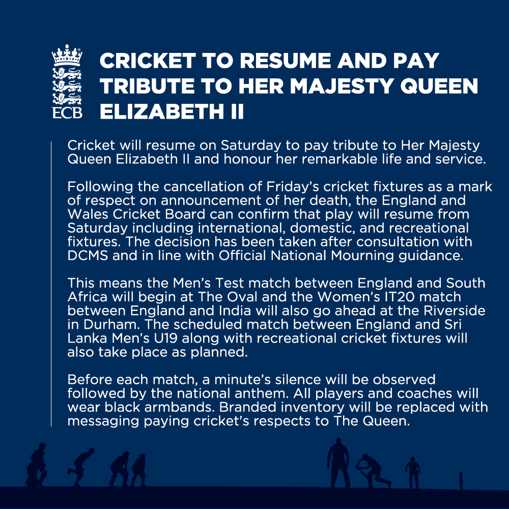 englandcricket's tweet photo. Cricket to Resume and Pay Tribute to Her Majesty Queen Elizabeth II https://t.co/UuHn6BIemT