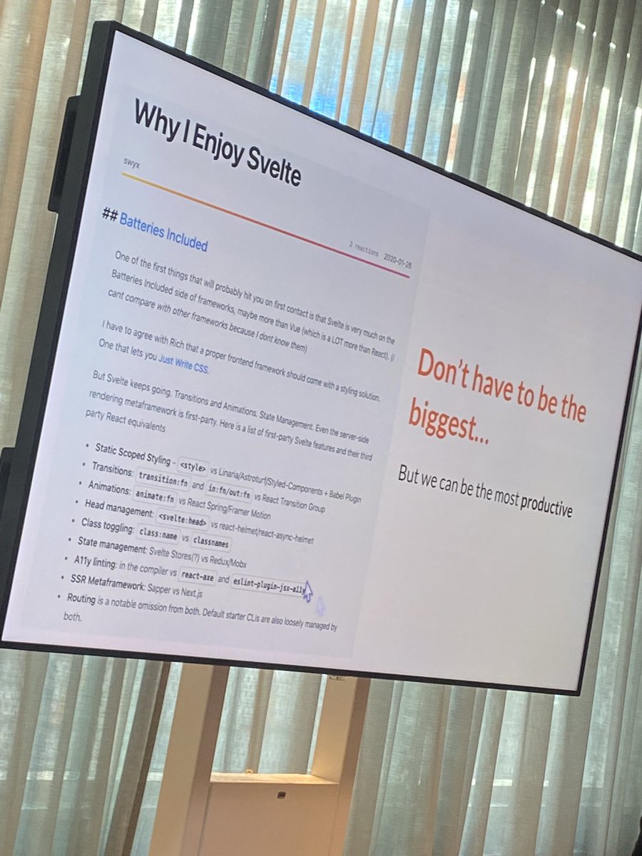 My favourite „punchline of the day“ until now on #SvelteSummit 
„Don’t have to be the biggest…
But we can be the Most productive“
Great talk by <a href="/swyx/">swyx</a> on 10Xing Svelte session <a href="/SvelteSociety/">Svelte Society 🧡</a>