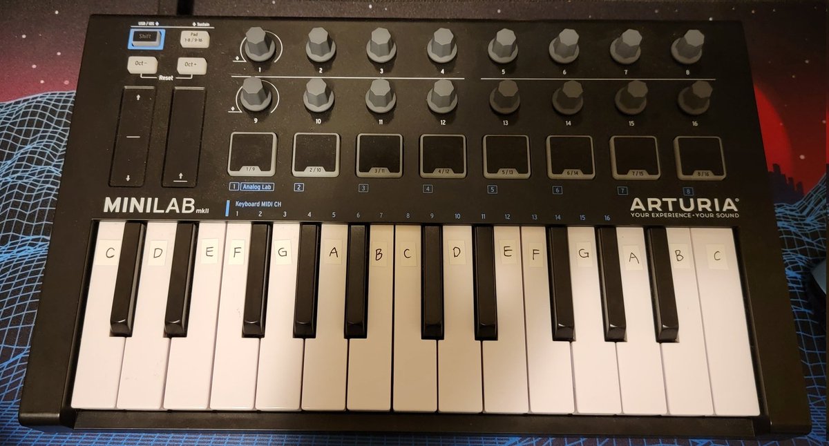 I made some #ABC #stickers for my <a href="/ArturiaOfficial/">Arturia</a> MINILAB mkII to help teach my son the basics of #keyboarding and #musictheory, since we don't have a #piano.

#synthwave #synthfam #music #family #education #homeschool
