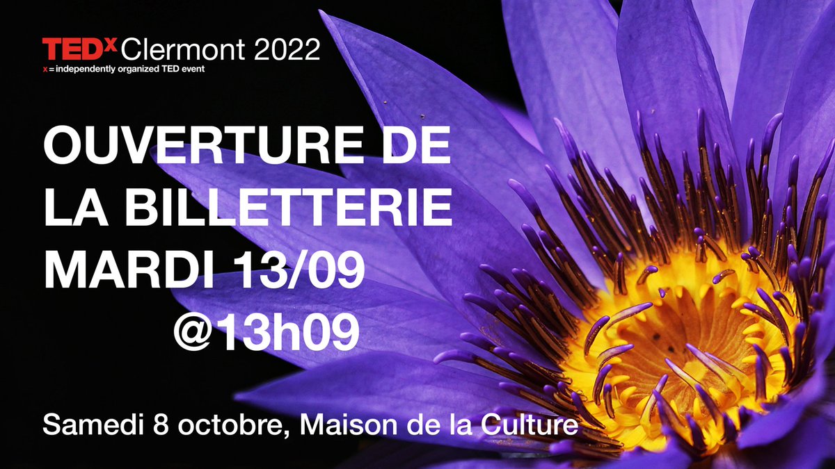 🎫 BILLETTERIE 🎫
La billetterie ouvre mardi 13/09  !
Rendez-vous ici à 13h09 ➡️ tedx.cf/jhQbq

⚡ Attention, la quantité est limitée. 
À vos agendas pour être à l'heure pour l'ouverture !