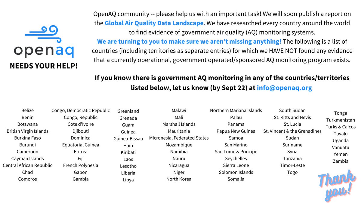 Are you aware of government AQ monitoring in any of the countries/territories below? Please let us know by Sept 22 at info@openaq.org, so we may include them in our Global Air Quality Data Landscape report. Thank you, co-sleuths, for helping us with our research!