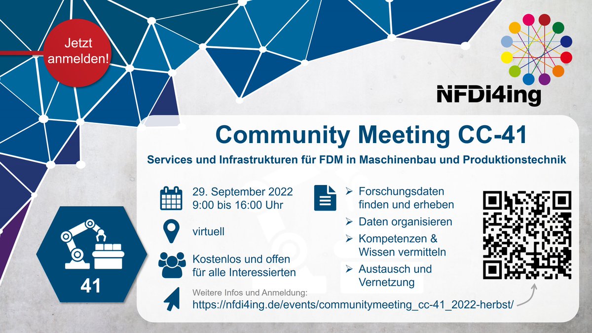 It's meeting time: Our Mechanical and Industrial Engineering community comes together on 29 September 2022. Please register here: nfdi4ing.de/events/communi…