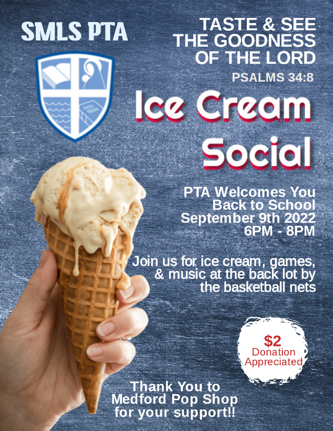 Smlschool's tweet photo. Join us tonight from 6p-8p for the Back to School Ice Cream Social! A great chance to meet new families and make new friends! #WeAreSMLS https://t.co/VTtHdF284w