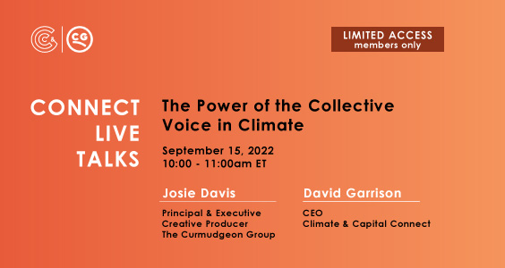 Join us for a <a href="/ClimateandCap/">Climate & Capital Media</a> Connect Live Talk (lnkd.in/gbyHxDJk) on the power of the #collectivevoice in #climate with <a href="/JosieEDavis/">Josie Davis</a>, founder of <a href="/Curmudgeon/">Christine</a> and member of #ClimateAndCapitalConnect.

#ClimateLeadership
#ClimateNetwork